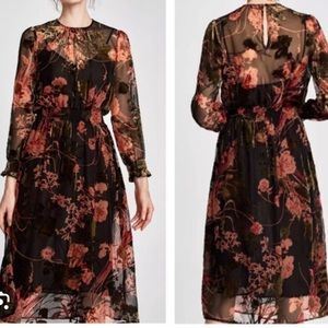 Black and orange floral burnout midi dress